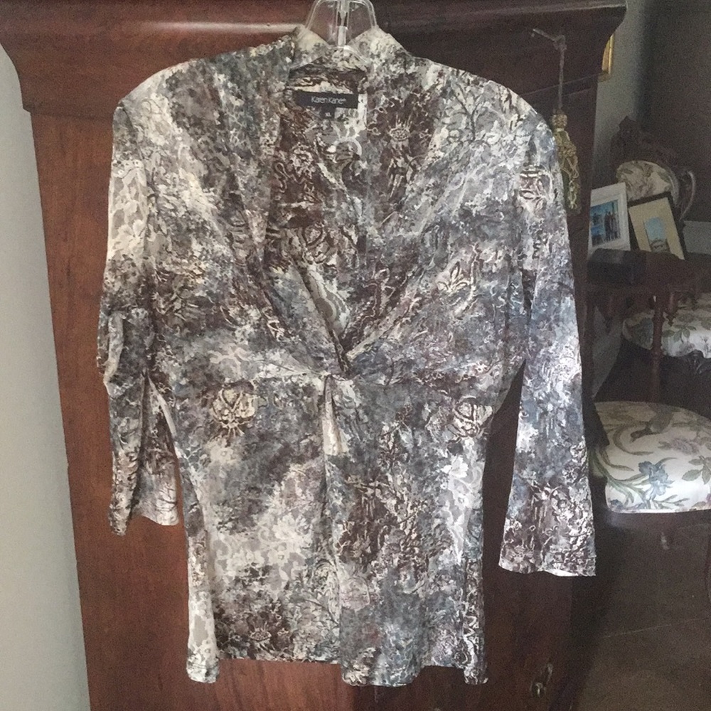 Karen Kane green brow pull over shirt stretch mesh v neck 3/4 sleeve sz x large